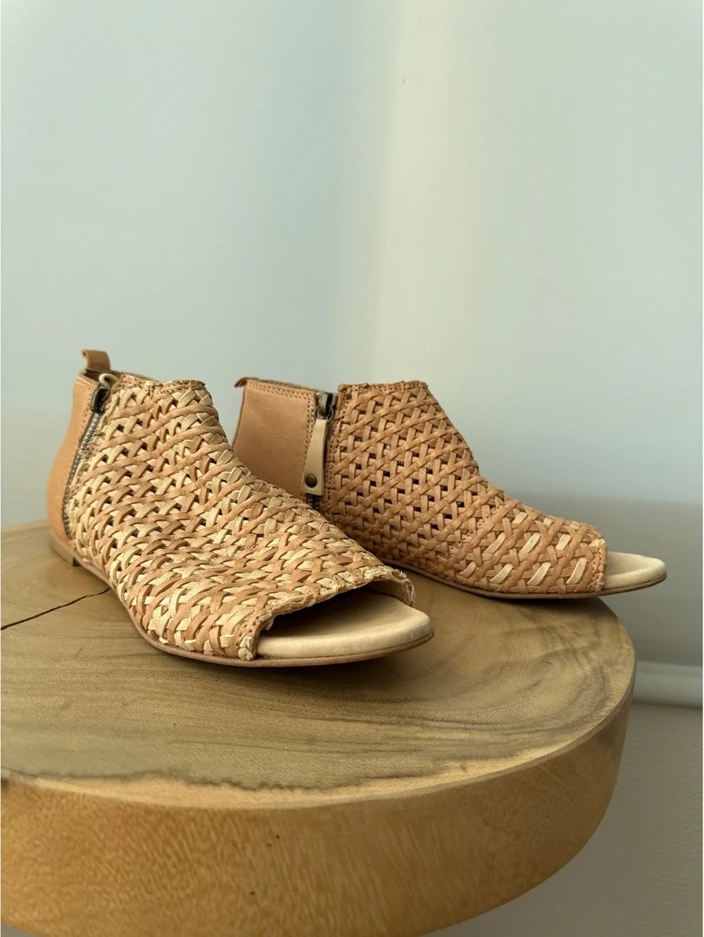 Sundance Asheville Woven Leather Booties 37 Tan Peep Toe Made in Italy